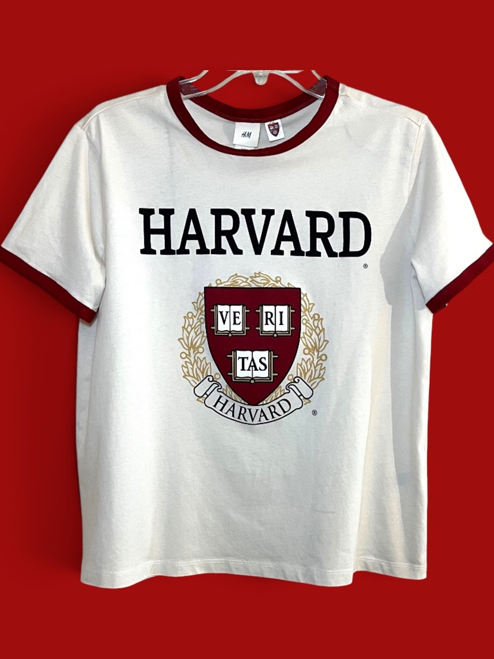 H&M Harvard University Ringer Cotton T-Shirt White Burgundy Size M